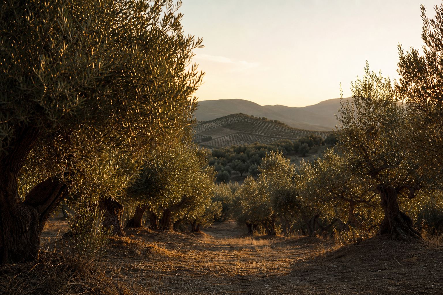 Oliveraie Olivar Raphael à Jaén, Andalousie, au lever du soleil